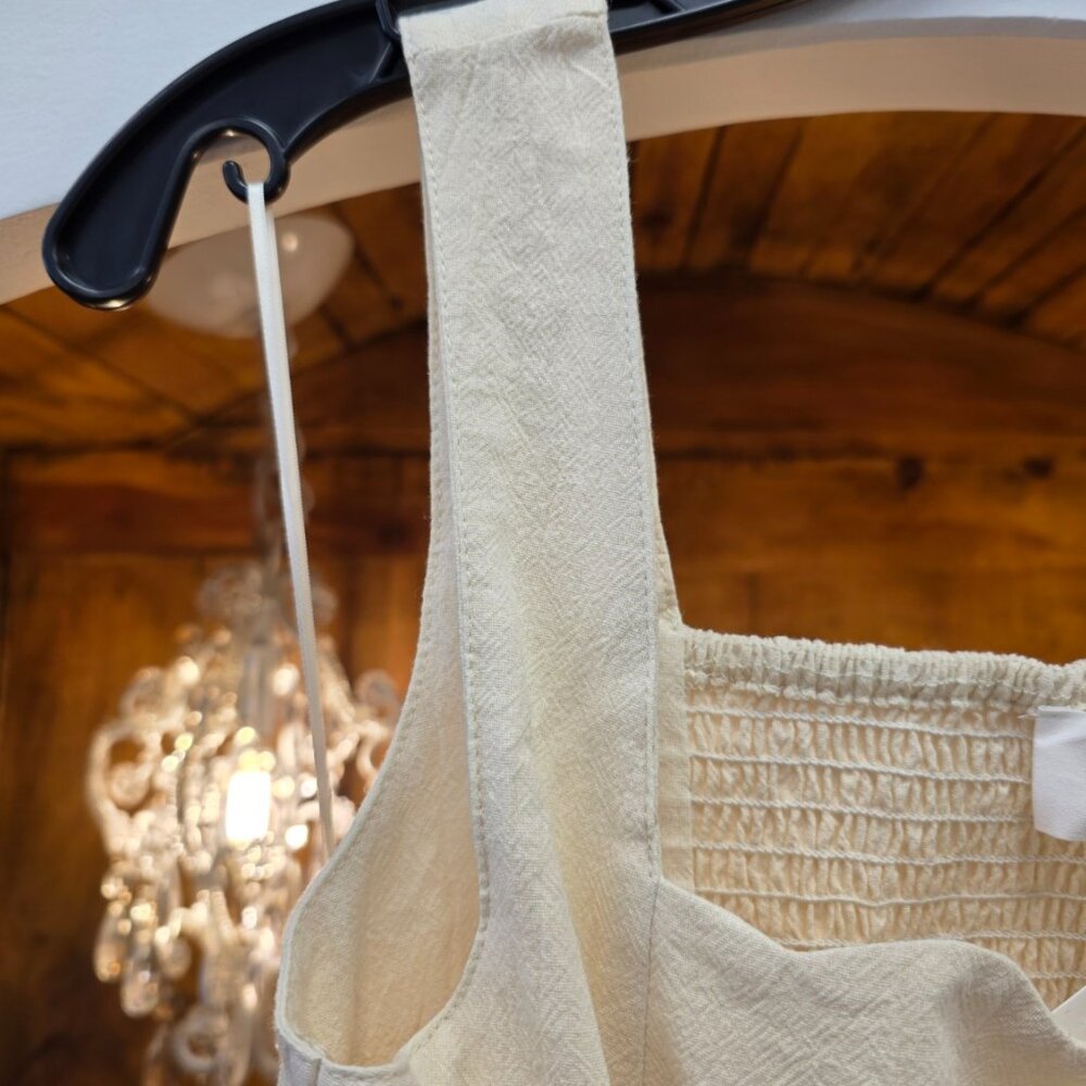 HEYSON Square Neck Crop Top | Cream Oatmeal Linen Look | Wide Strap Boho - Picture 5 of 12
